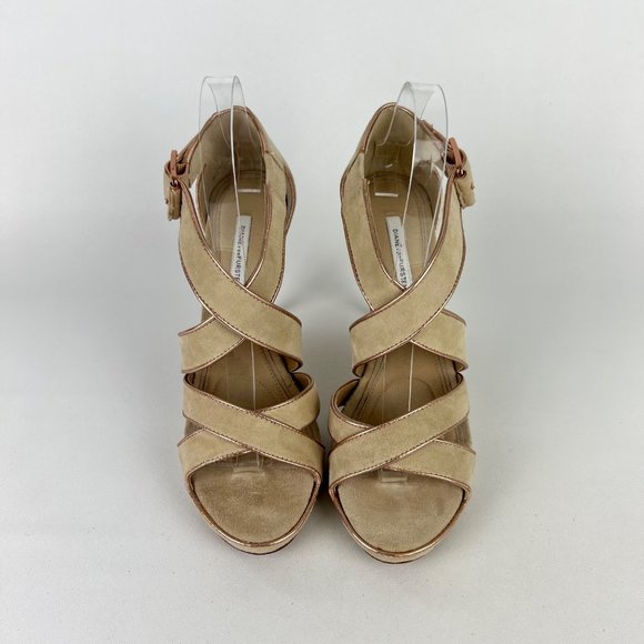 Diane von Furstenberg Jodi Beige Suede Strappy Platform Sandal Heels size 8 - Picture 2 of 16